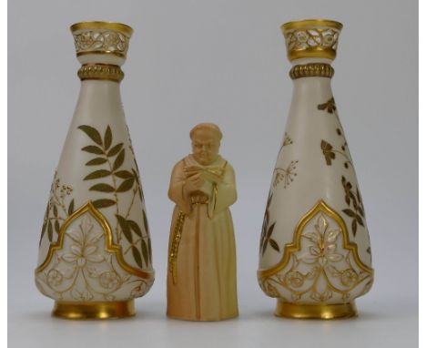 Royal Worcester pair vases with gilded leaf decoration, height 19cm, (small rim chip to one vase) and blush gilded standing m