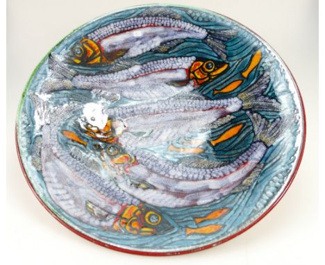 Poole Studio pottery limited edition plaque decorated with fish initialed T.M 1 of 1 to rear 41cm diameter. 