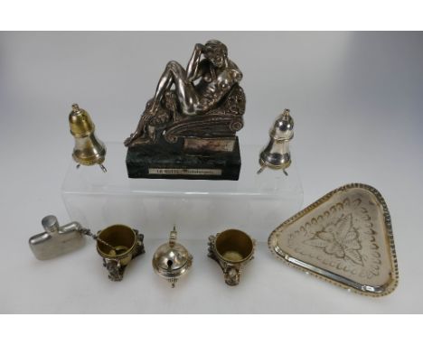 A collection of Silver plated items comprising pair ornate salts, figure of La Notte on alabaster base, hip flask, cruet set 