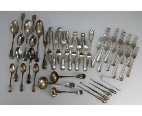 A collection of early Georgian & Victorian silver cutlery, Silver button hooks and quantity of silver plated cutlery (total s