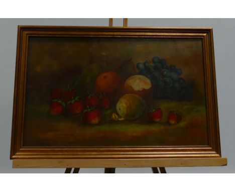 E Evans, oil painting on canvas of fruit signed and dated 1920, in gilt frame, 57 x 37cm, (E Evans was art director at Aynsle