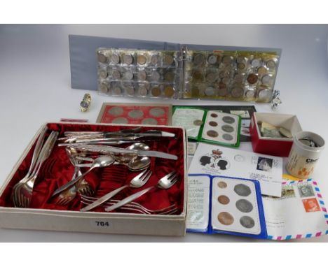A collection of various items including British and foreign coins, commemorative & proof coins, stamps, boxed cutlery sets, 2