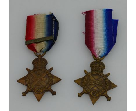  WW1 medals 1914-1915 stars awarded to 10016 Pte W Woodhouse 1/ N.Staffs .R and Pte W.R.Tompkins.N.Staff.R (2)