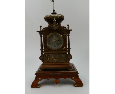 19th Century walnut mantle clock and stand decorated with brass decoration, silvered dial and brass movement marked Lenzkirch