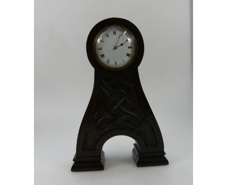 Art Nouveau oak cased mantle clock with French movement, height 34cm.