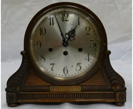 Edwardian oak cased mantle clock, case & movement with Westminster chimes, brass presentation plaque dated 1928.