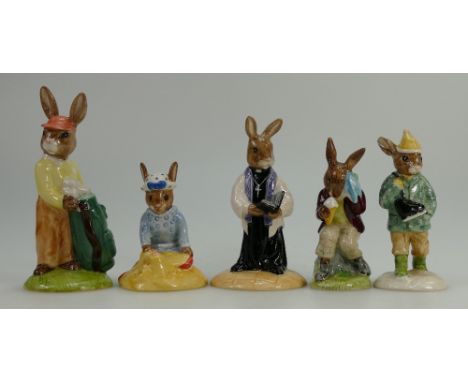 A collection of Royal Doulton Bunnykins figures to include Caddy DB271, Seaside DB177 (with cert), Boy Skater DB152, Cooling 