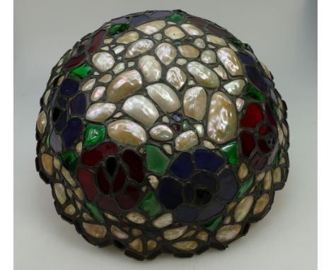 Large Leaded Glass Art Deco light shade encrusted with Rock Glass and Mother of Pearl Shell inlay, purchased in the 1920's in