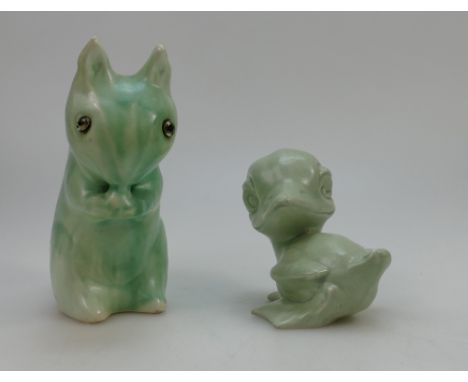 Wadeheath 1930's light green models of a Squirrel and a Duckling with head back, tallest height 17cm (duckling unmarked)  (2)