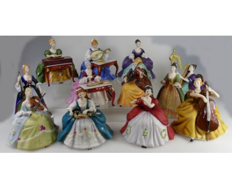 A complete collection of Royal Doulton musicians figures comprising Cello HN2331, Virginals HN2427, Lute HN2431, Violin HN243