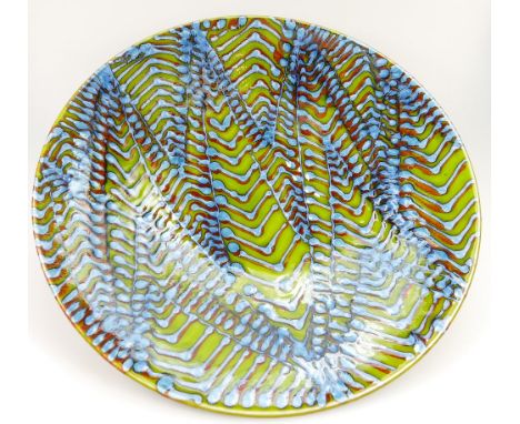 Large Poole Studio plaque signed Janice Tchalenko 1999 to rear, decorated in abstract design with blue and green decoration, 