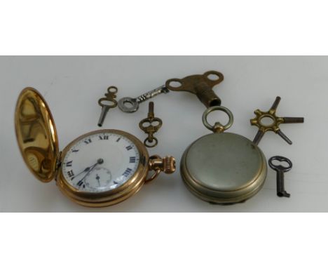 Gold plated full hunter pocket watch marked Keystone watchcases, Stanley London compass and various watch keys (3)