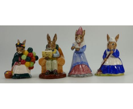A collection of Royal Doulton Bunnykins figures to include Collector DB54, Clean Sweep DB6, Old Balloon seller DB217, and Sun