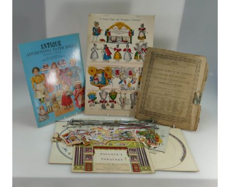 A large collection of cardboard toy theatre characters, props, and scenery etc