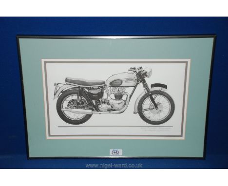 A framed and mounted motorbike print, signed by Christopher Marshall; 'Triumph Bonneville 1962'. 16 1/2" x 9 1/2".