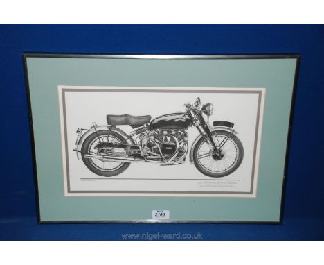 A framed and mounted motorbike print, signed by Christopher Marshall; 'Vincent Black Shadow 1952'. 16 1/2" x 9 1/2".