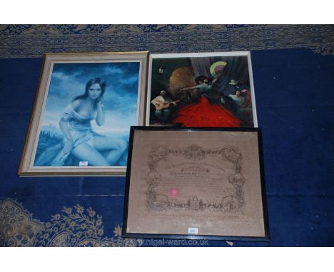 A framed Certificate from the Worshipful Company of spectacle makers, a Print by Juan Giralt lerin 'Spanish Dance' and a Prin
