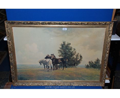 A large ornate framed Coulson Print depicting three horses in a landscape, 35 1/2" x 23 1/2" together with an Autumn River La