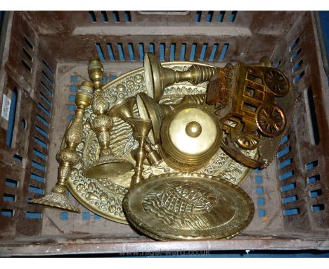 A box of Brass including lead lined tea caddy, candlesticks etc