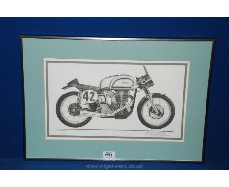 A framed and mounted motorbike Print, signed by Christopher Marshall; 'Manx Norton 1958'. 16 1/2" x 9 1/2".