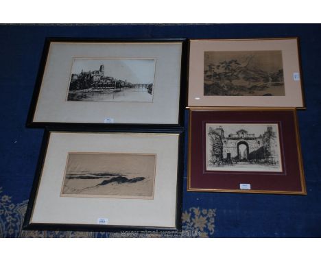 Original framed etchings; A shore scene by Sir David Young Cameron, Albi cathedral by David Smart, Redcliffe Gate Bristol by 