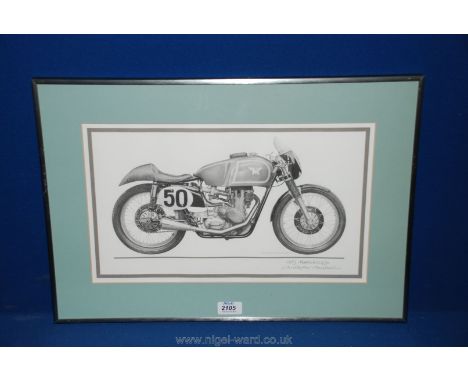 A framed and mounted motorbike print, signed by Christopher Marshall; 'Matchless G50 1963'. 16 1/2" x 9 1/2".