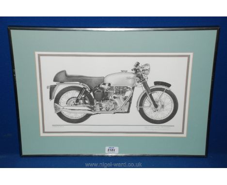 A framed and mounted motorbike print, signed by Christopher Marshall; 'Velocette Thruxton 1967'. 16 1/2" x 9 1/2".