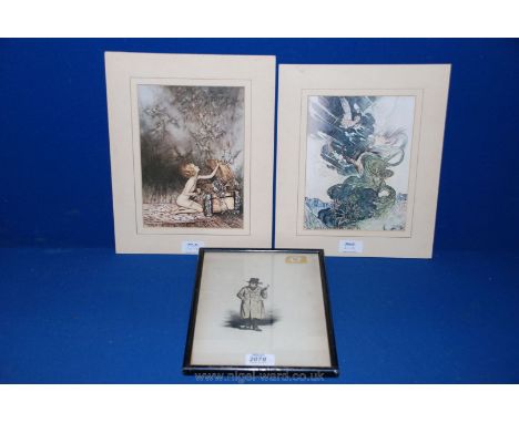 Two Arthur Rackham Prints along with a Print of a gentleman with an umbrella under his arm.