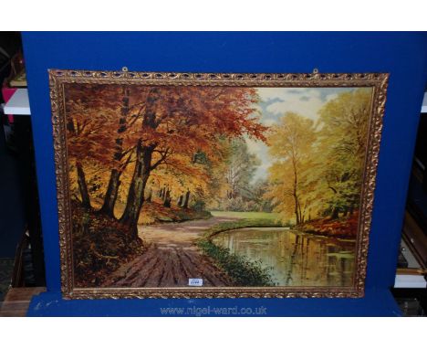 A print on board of a Parkland scene with pond, pathways and trees.