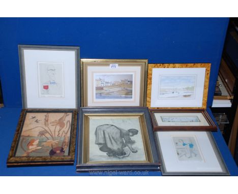 A quantity of prints and watercolours to include limited edition character prints, harbour scene, a woven silk picture entitl