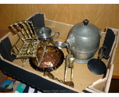 A quantity of mixed metal items including pewter lion's head tea caddy, etc.