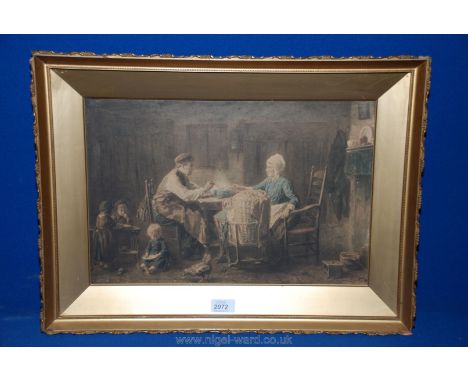 A framed Victorian Print on board depicting a family feasting, signed lower left.