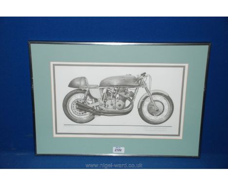 A framed and mounted motorbike print, signed by Christopher Marshall; 'M.V Asusta 500/4 1965'. 16 1/2" x 9 1/2".