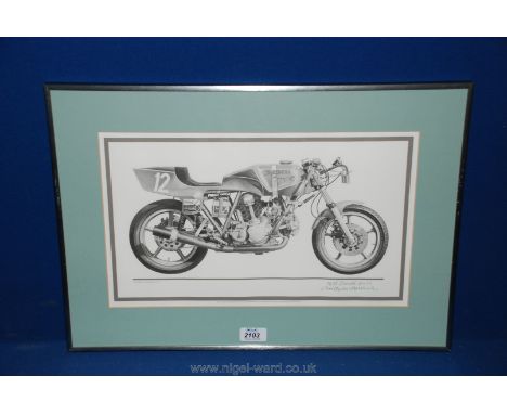 A framed and mounted motorbike print, signed by Christopher Marshall; 'Ducati 900ss 1978'. 16 1/2" x 9 1/2".