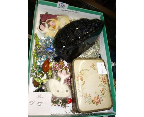 A box of silver chains and tapestry jewellery box containing rolled gold/silver jewellery, etc.