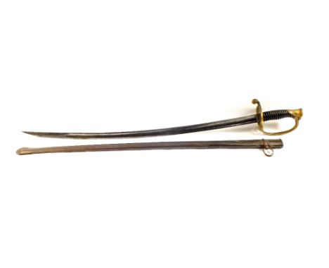 A French officers sword with brass hilt and engraved blade in steel scabbard