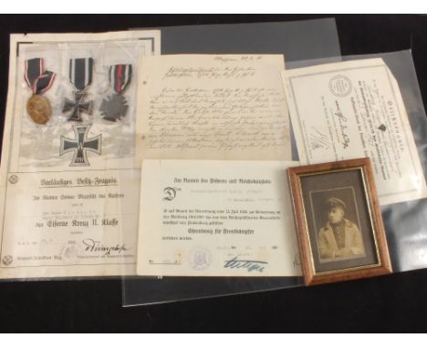 A German WWI (PATTERN) Iron Cross 2nd class with Cross of Honour and Kyfhaufer medal with award documents and portrait