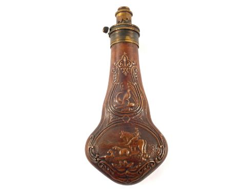 A mid 19th Century powder flask marked Sykes with embossed game birds and hunting scene