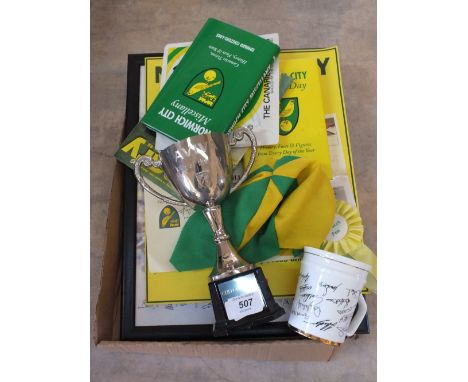 Norwich City memorabilia to include 2009/10 Champions poster, Aviva Silver plated trophy cup 2012 Fan of the Year and an old 