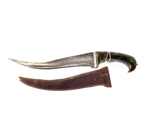 An Indo-Persian Peshkabz within leather sheath, a good t-section curved blade and jade grips, a fine 19th Century example