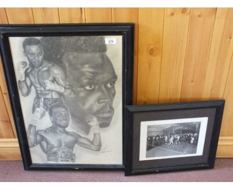 Various boxing themed items including signed Lloyd Honeyghan print, boxing photos and postcards including HMS King George, ci