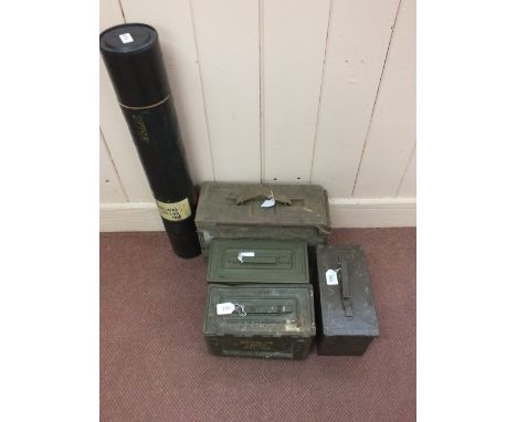 Three metal small arms ammunition boxes with a wooden 20mm example and a 105mm shell tube