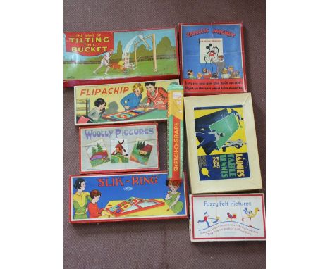 Various boxed games including Chad Valley, Tailless Mickey, Jacques table tennis, Glevum Slik-Ring and Tilting the Bucket and