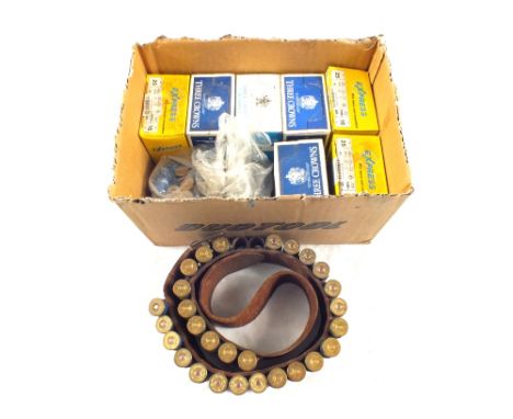 Approx two hundred and twenty mixed 16 bore cartridges with a leather cartridge belt, this item can only be purchased by some