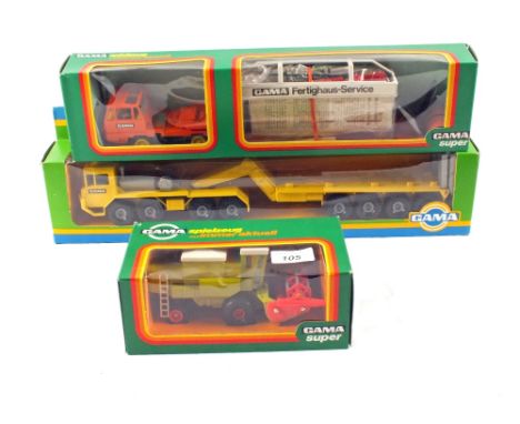 A boxed Gama Schwerlast Transporter SLT 52, a 94051 Fertighaus Service Truck (orange) and a 423 combine harvester