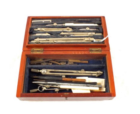 A cased set of drawing instruments, case marked Threadwell 1940 with W.O. arrow with most items and marked