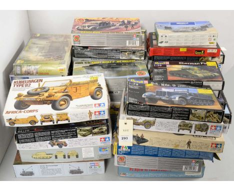 A collection of military scale model kits, primarily model tanks, trucks and other military vehicles, by makers including Air