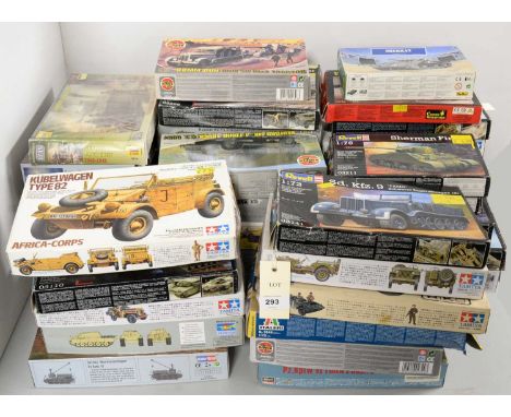 A collection of military scale model kits, primarily model tanks, trucks and other military vehicles, by makers including Air