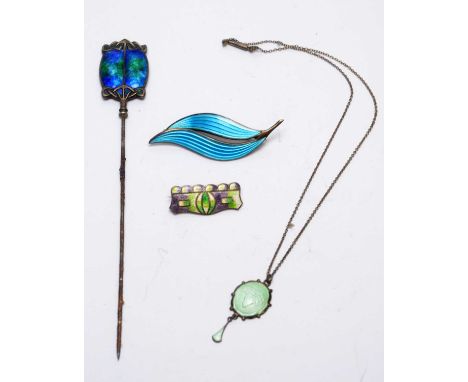 Manner of Charles Horner, a silver and enamel Arts and Crafts hat pin, with steel pin; a silver and enamel brooch; a silver a