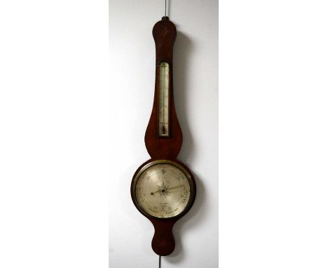 A 19th Century banjo wheel barometer, by Joseph Testi, No. 54, Leather Lane, Holborn, with thermometer above, in mahogany and